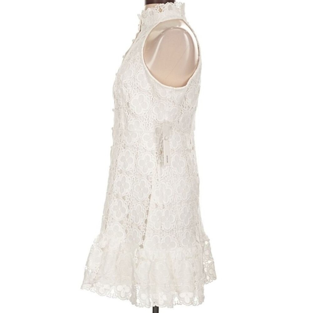 DESIGNER AQUA WHITE LACE HALTER NECKLINE RUFFLE HEM SLEEVELESS DRESS SIZE LARGE - Picture 9 of 16